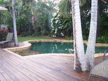 Large timber deck and sparkling pool set in tropical gardens
