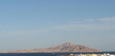 View from balcony across red sea to tiran island