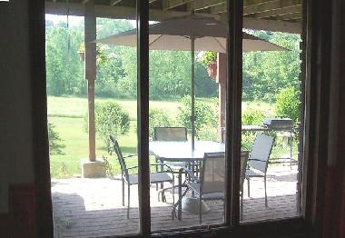The view from the bedroom window, out to the patio and the meadow & orchard beyond