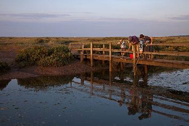 Family fishing for crabs on Stiffkey salt marshes.
