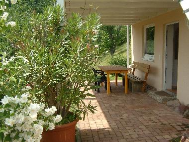 The shady terrace with a view over the valley