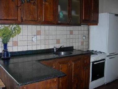 Kitchen with gas oven, fridge and feezer