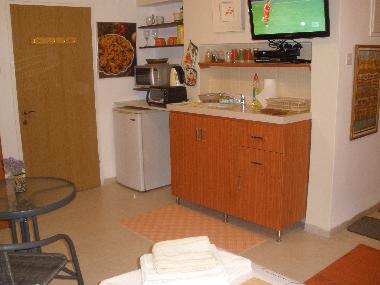 well equipped kitchinette with  fridge,micro'tpaster oven, kettle, hot plate and all necessaru dishe
