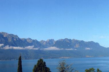 The view from the apartment toward Evian. There are spectacular sunsets over the lake and mountains.