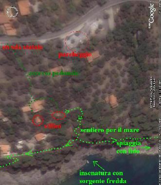 view fron the sky: the two red circles are the cottages we rent, the clear green is the path for the