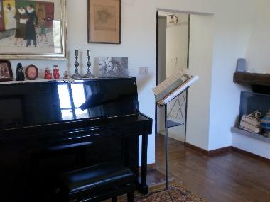 THE PIANO IN THE LIVING ROOM IN FRONT OF THE FIRE PLACE