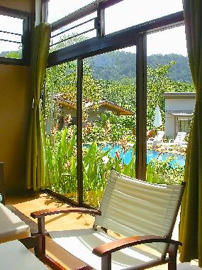 pool & mountain view seen from the iiving room
