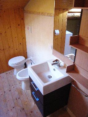 Bathroom off the master bedroom with private basin, toilet, and bidet; lit by another skylight
