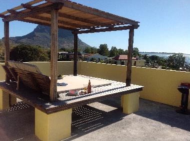 Shared Roof Terrace has 2 giant sun beds BBQ and dining area with cool off shower