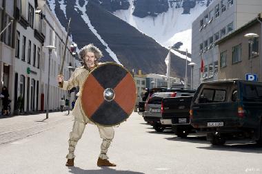 A modern Viking showing off in midtown Isafjordur.