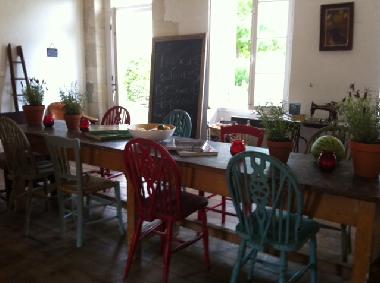 Dining in boho chic style on an old artists table in the folk art inspired dining room
