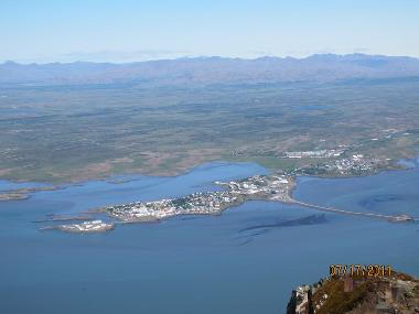 Borgarnes seen from mountain top Mount. Hafnarfjall