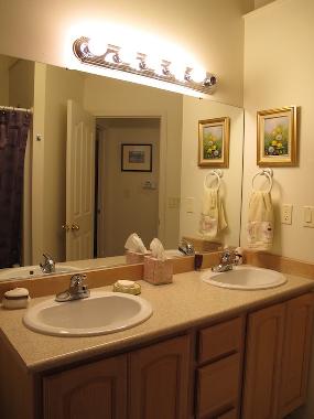 Double sink, bath tub and shower