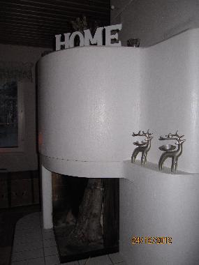The fireplace in the living room.