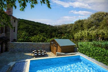 All sorts of green colours and barbeque area by the pool