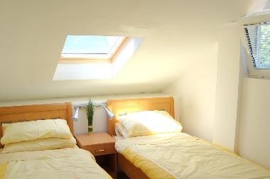 Twin bedroom has a sky light and a side window which looks out onto the mountains