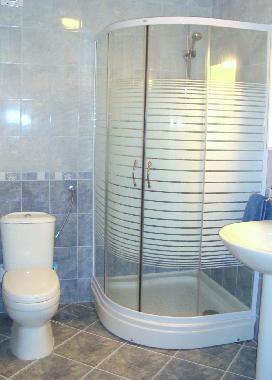 Bathroom has shower, wash basin, mirrored wall unit and toilet and also houses the automatic washing