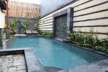 Pool with water feature, sun chairs and outdoor shower