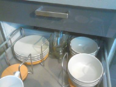 Plates and cups in the kitchen drawers!