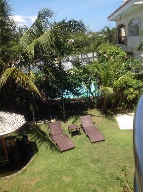 Our garden with fishpond and lovebirds