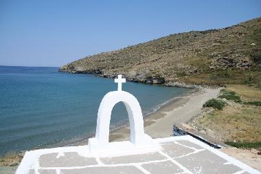 Halkolimionas beach.Standing on the little church side you can see the villa up on the cliff