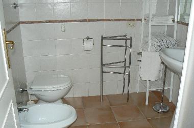 The tiled bathroom with shower.