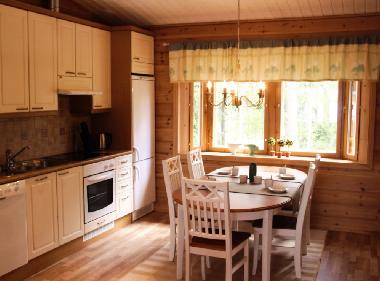 Kitchen has bay windows facing the forest. The kitchen is very well equipped.