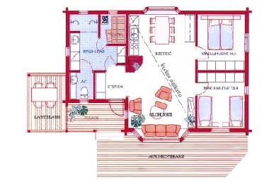 Layout of the villa. The ceiling in the living room and kitchen is high and sloping. There are two s