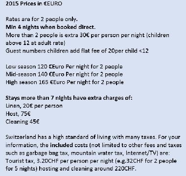 Prices for 2 people per night, inclusions & extra prices for long stays