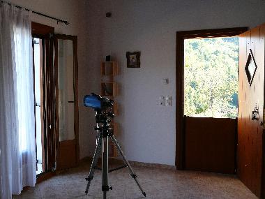 Living Room with telescope and main door - Skopelos Country Villa - Sendoukia