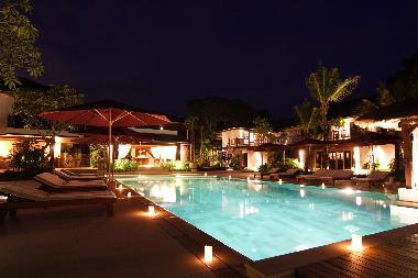 The poolside setting is a delight after dark!