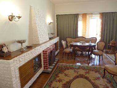 living room with fireplace and handmade carpets