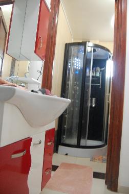 bathroom with bathtub and shower with steam and massage options