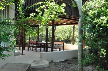 Patio with benches and table